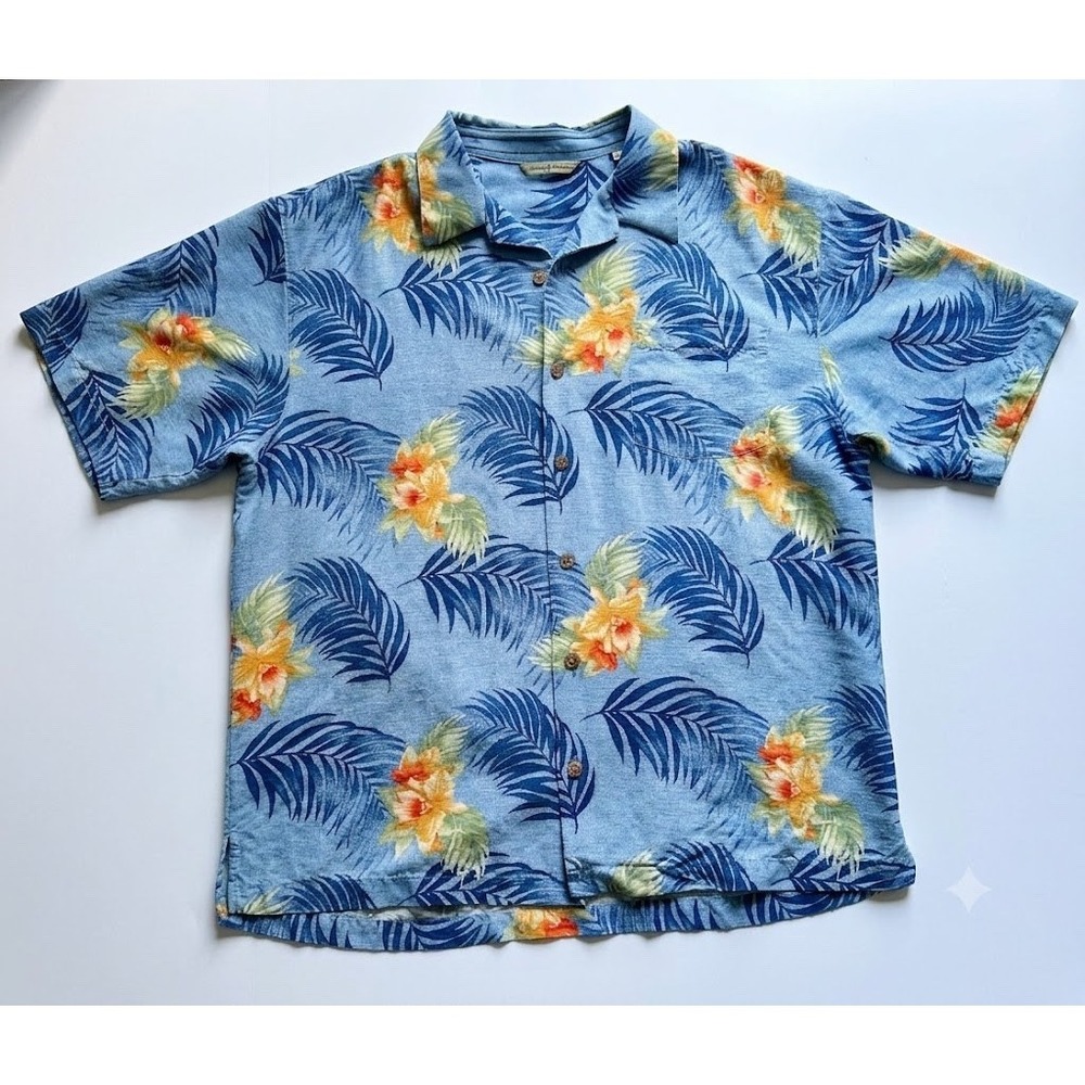Tommy Bahama 100% Silk Hawaiian Camp Shirt Mens L Blue Floral Palm Leaf Aloha